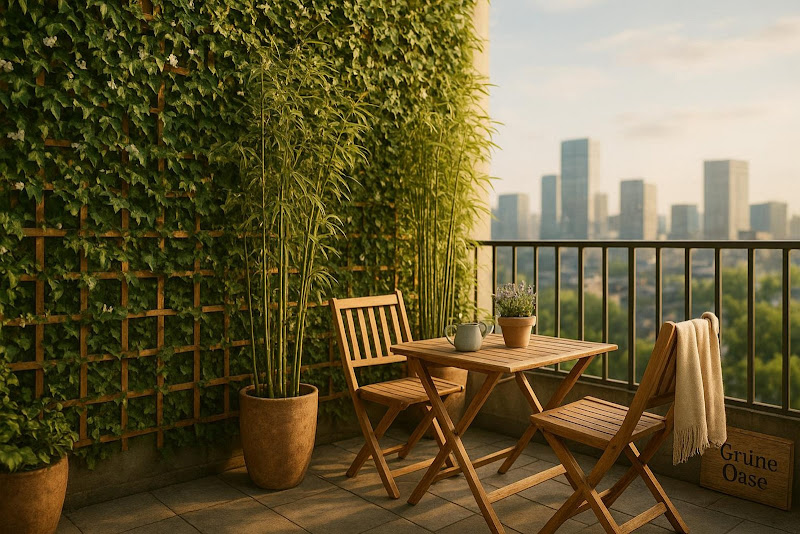 Ein üppig begrüntes Balkonbild mit Efeuwand und Bambus, das Ruhe und Naturverbundenheit in der Stadt zeigt.