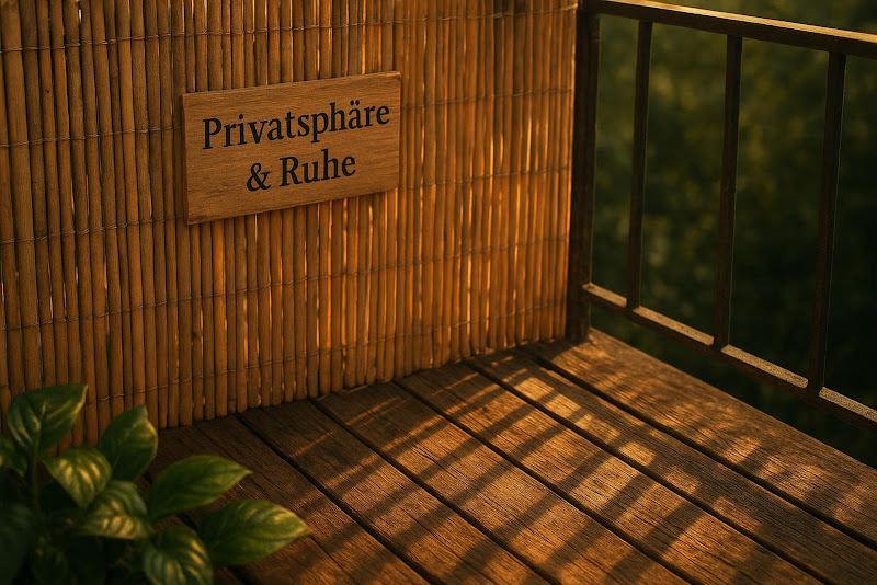 Nahaufnahme einer Balkonecke mit Bambus-Sichtschutz, Sonnenlicht wirft Muster auf den Holzboden, grüne Pflanzblätter im Vordergrund verstärken die natürliche Atmosphäre.