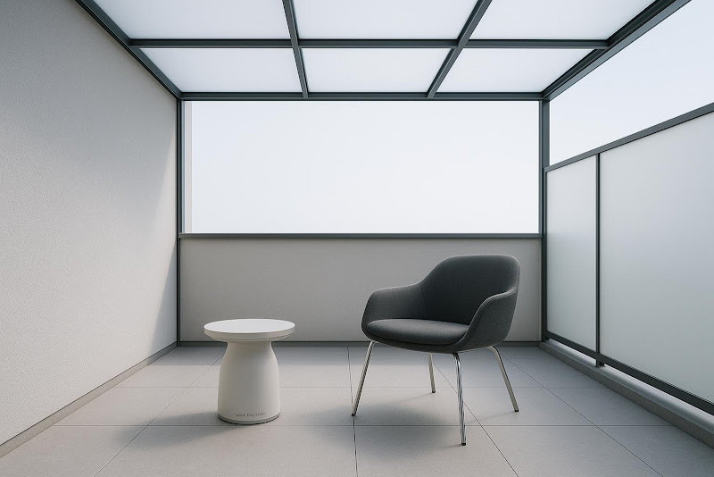 Ein moderner Balkon mit Milchglasabdeckung und minimalistischer Einrichtung für hellen, privaten Außenbereich.